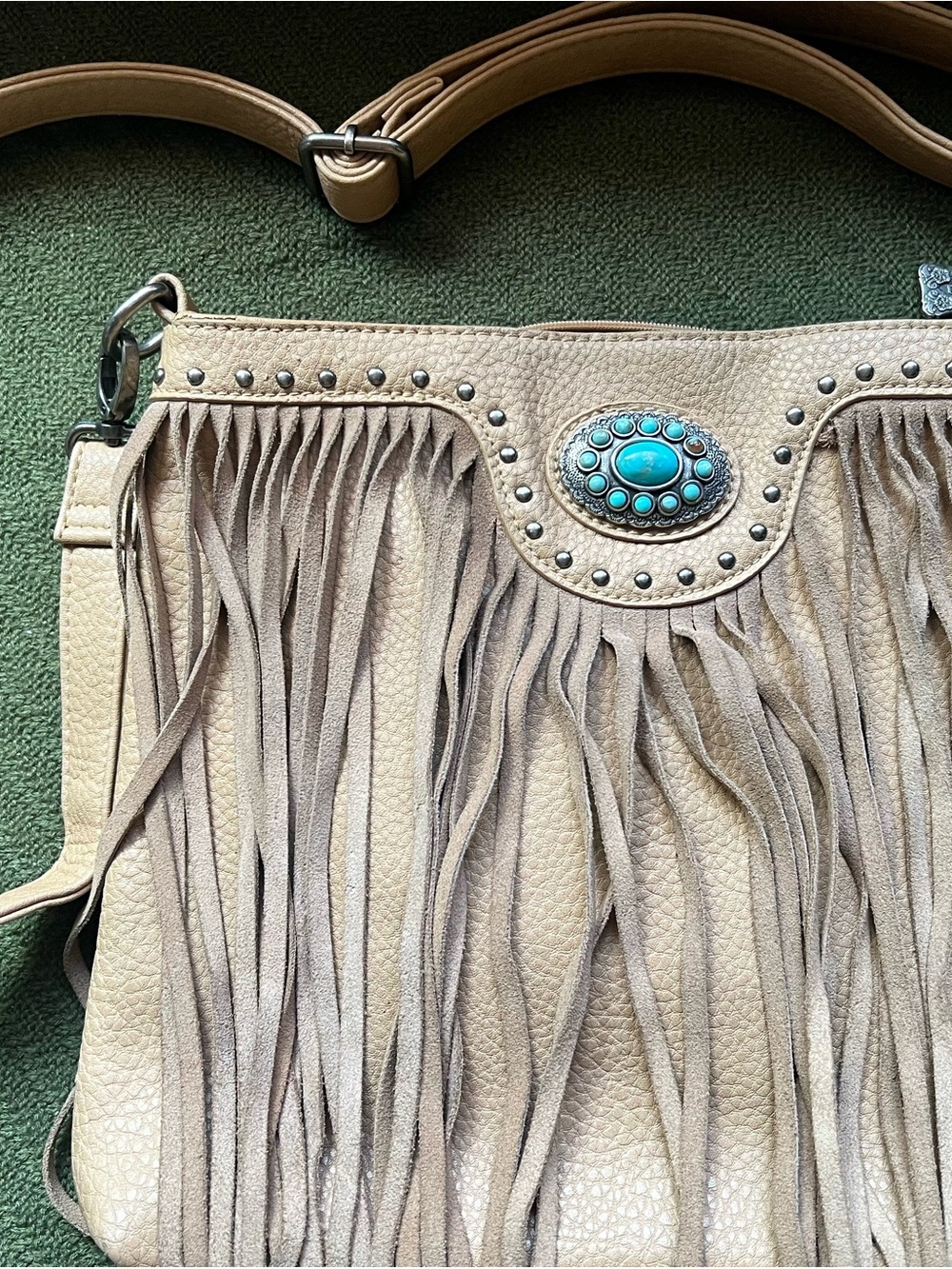 Beige Fringed Crossbody Bag with Turquoise Concho